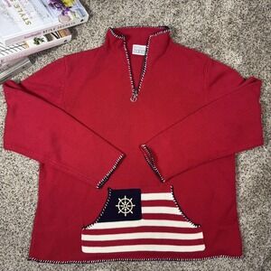 VTG Villager Sport Liz Claiborne Nautical Red Sweater XL Anchor Zip Flag Pocket